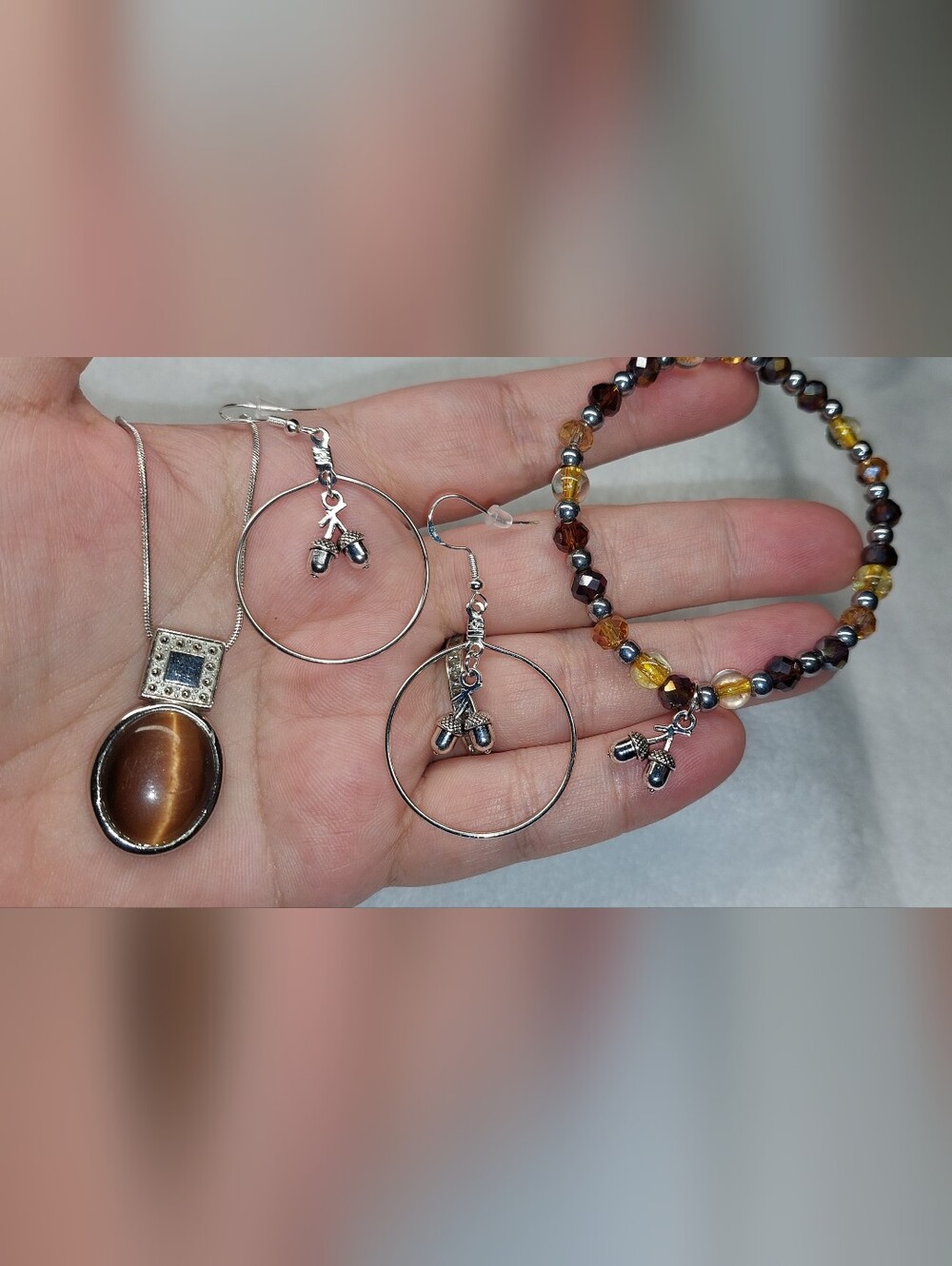 Beaded Brown Tiger Eye Acorn Charm Bracelet and Hoop Earrings Necklace Set